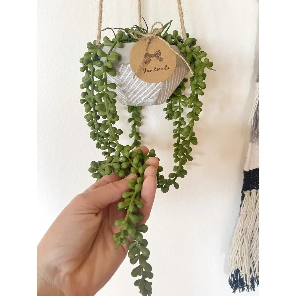 Artificial Burro's Succulent Plant in Textured Concrete Pot with Jute Twine - Picture 2 of 5